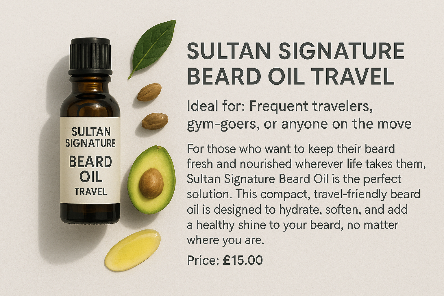 Travel-sized bottle of Sultan Signature Beard Oil with sleek black and gold packaging, designed for on-the-go grooming